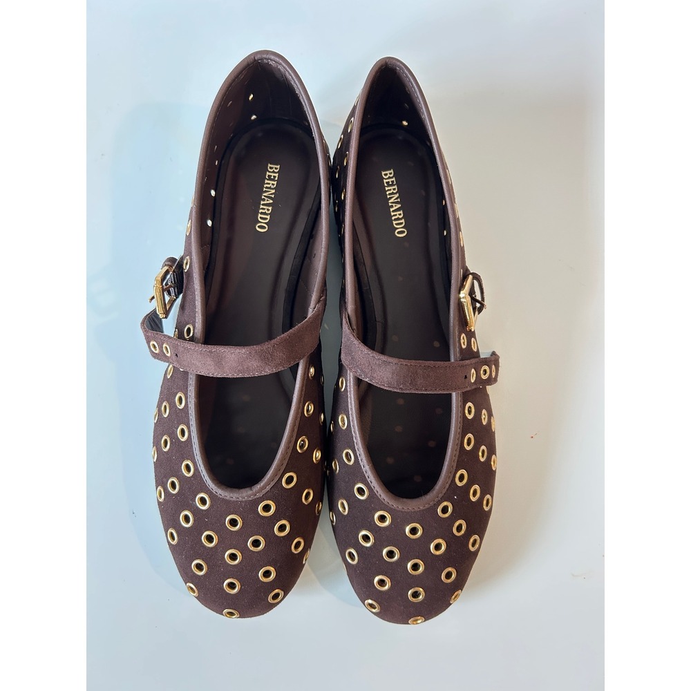 Bernardo Borden Brown Suede Gold Grommet Mary Jane Flats Shoes Size 9